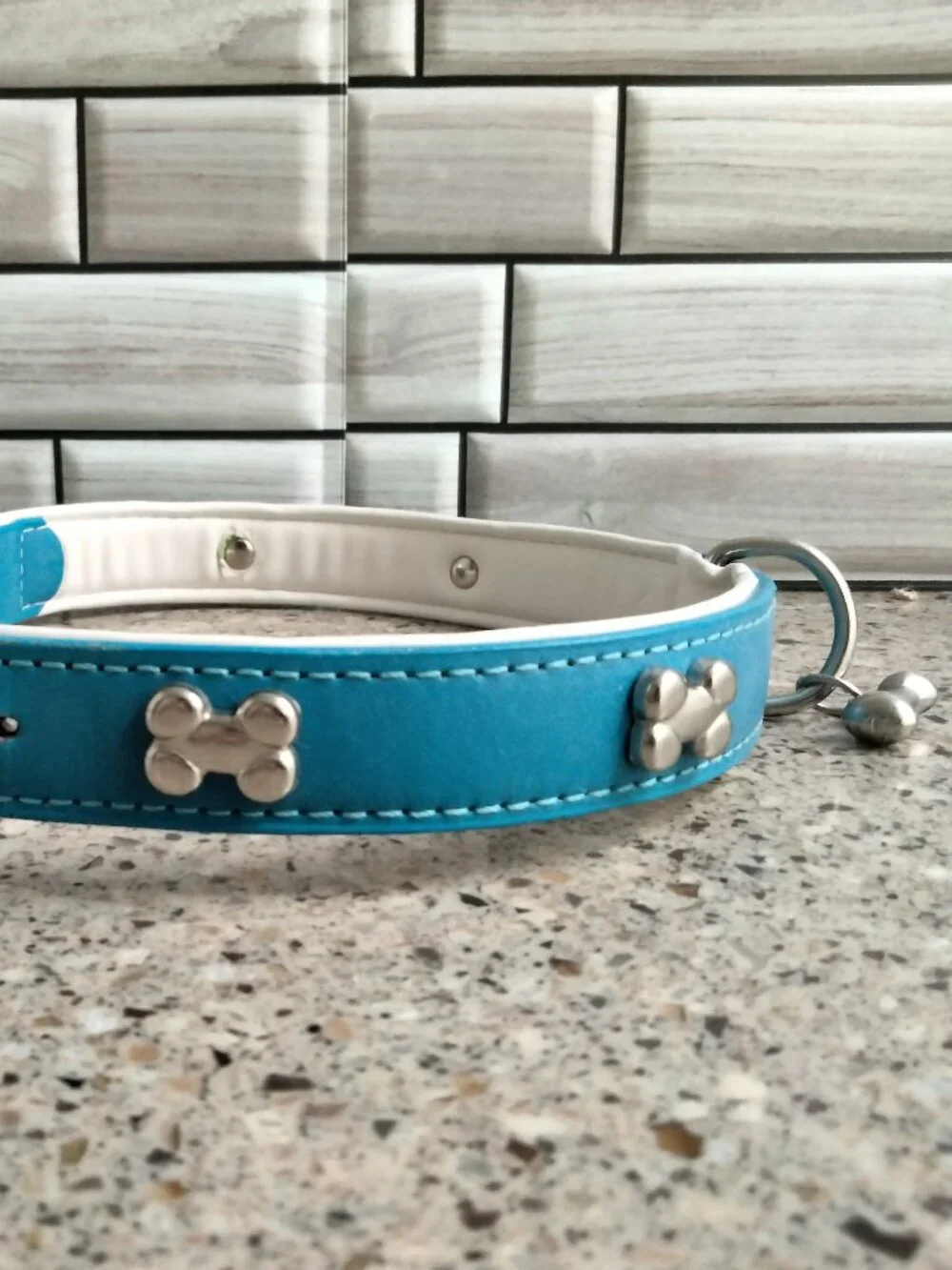 Blue White & Chrome Leather Dog Collar 24